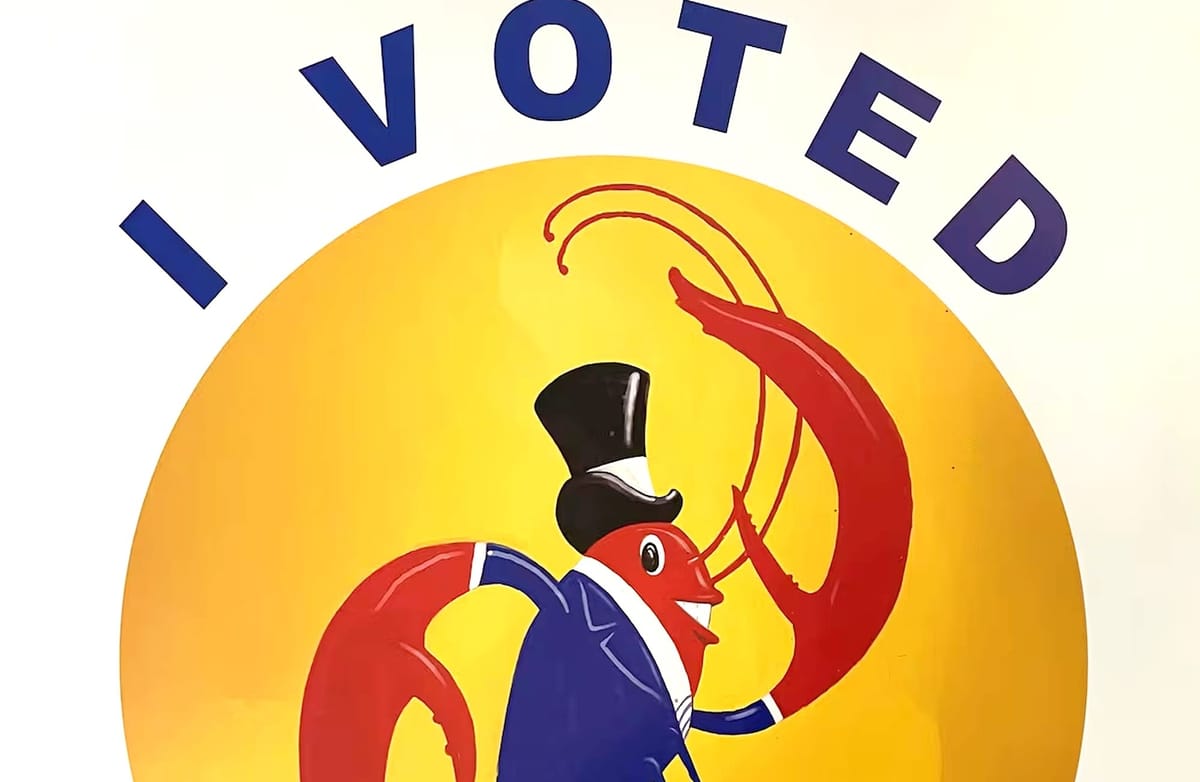 Louisiana Unveils 2024 'I Voted' Sticker Featuring Crawfish Named "Mark de Ballot"